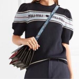 Authentic Luxury Miu Miu Italian Wool Navy Heart Logo Puff Short Sleeve Sweater
